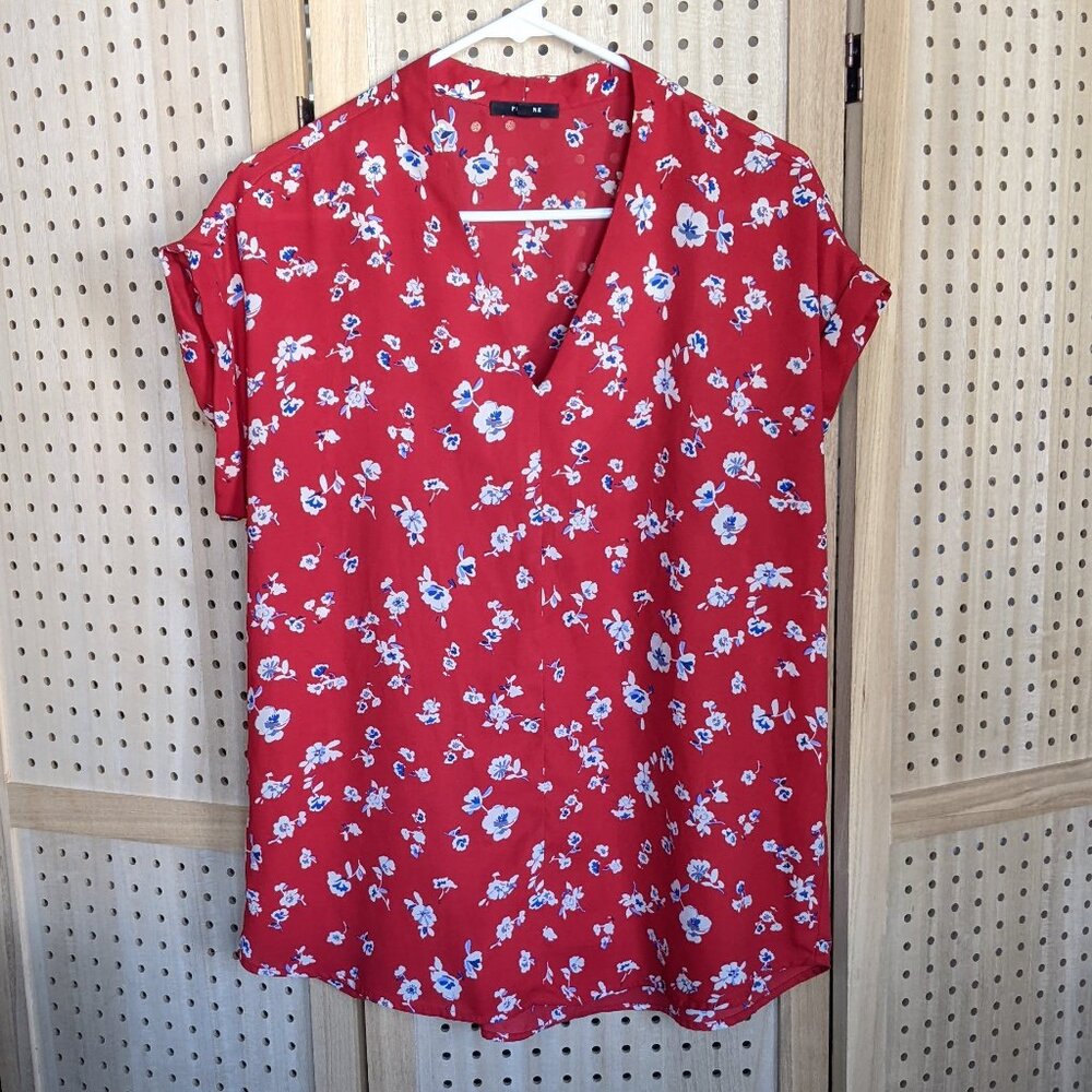 Pleione red and blue floral print blouse with cap sleeves, wrinkle-free, v-neck